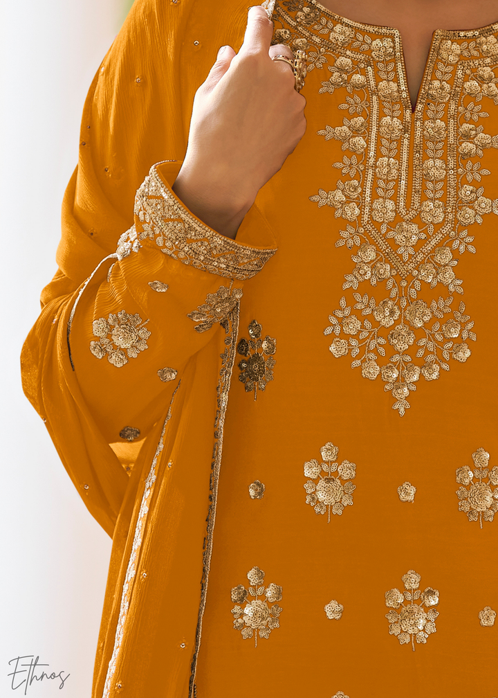 Mustard Embroidered Chinon Palazzo Suit