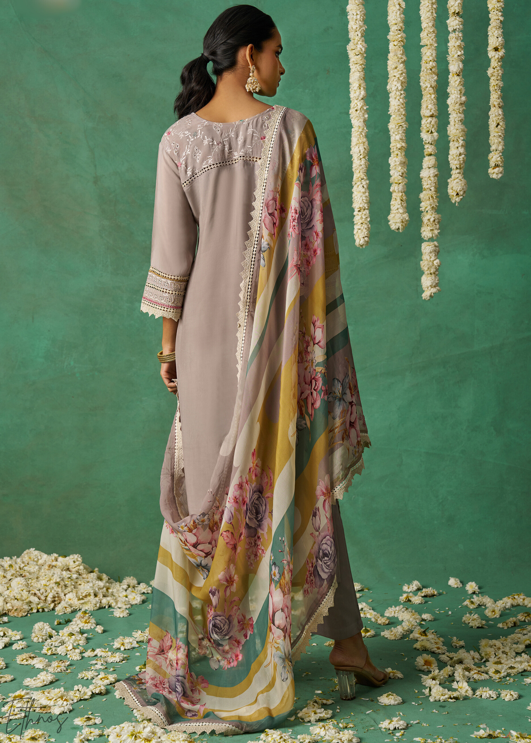 Mustard Floral Organza Palazzo Suit