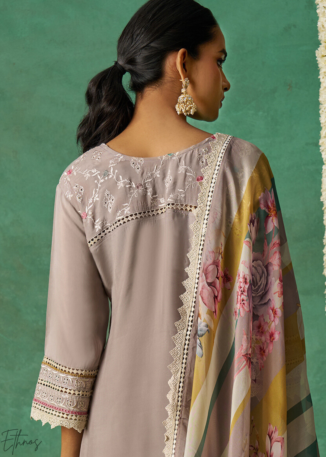 Mustard Floral Organza Palazzo Suit