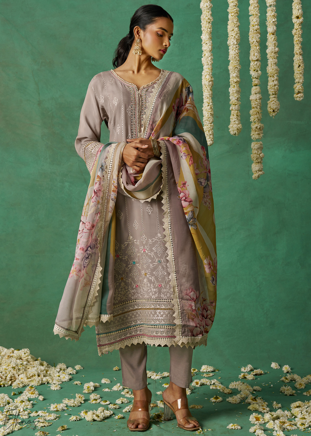 Mustard Floral Organza Palazzo Suit