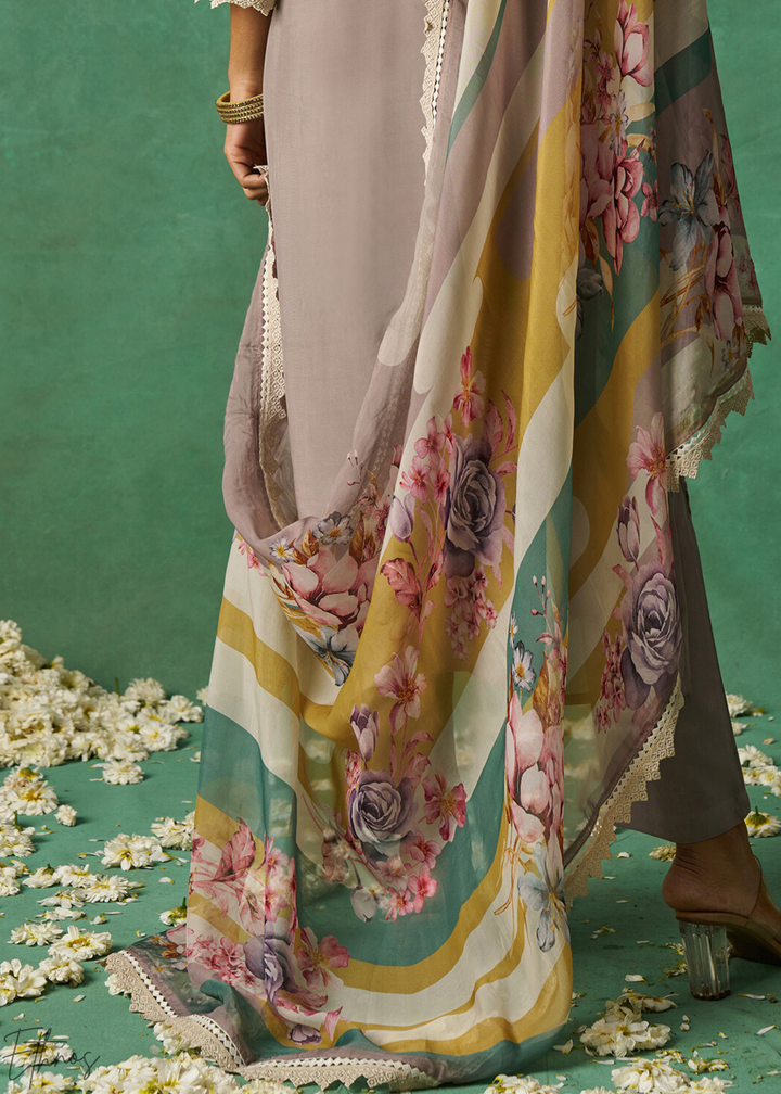 Mustard Floral Organza Palazzo Suit