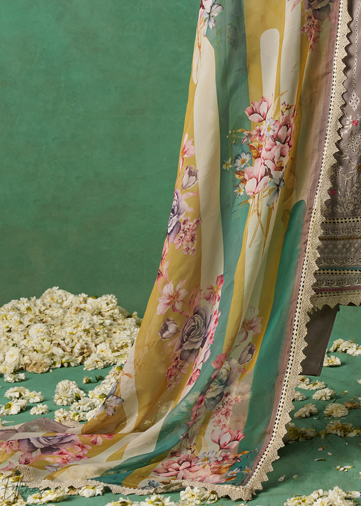 Mustard Floral Organza Palazzo Suit