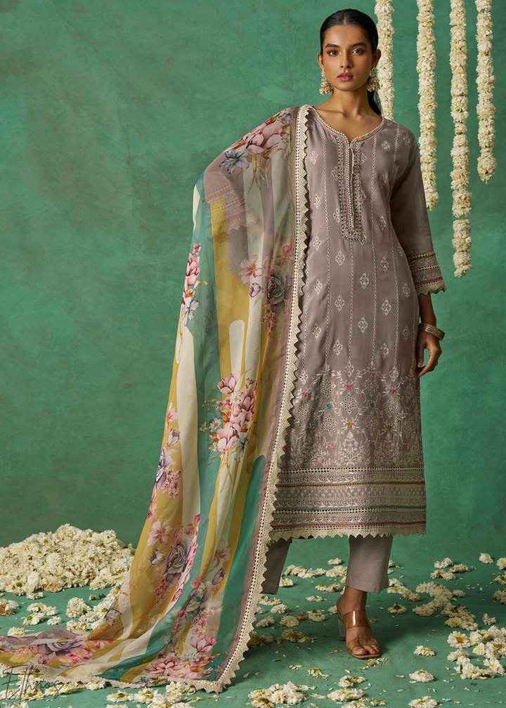 Mustard Floral Organza Palazzo Suit