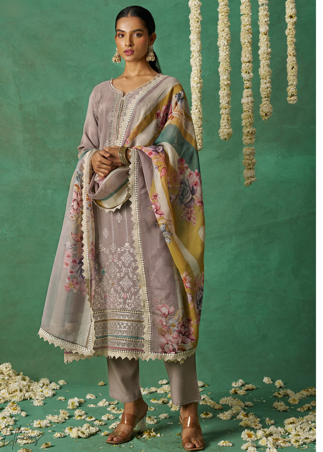 Mustard Floral Organza Palazzo Suit