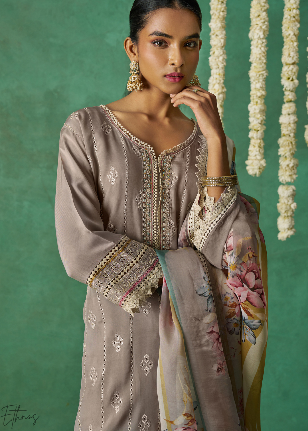 Mustard Floral Organza Palazzo Suit