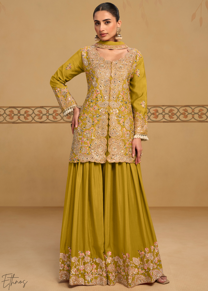 Mustard Foliage Filigree Chinon Sharara Suit