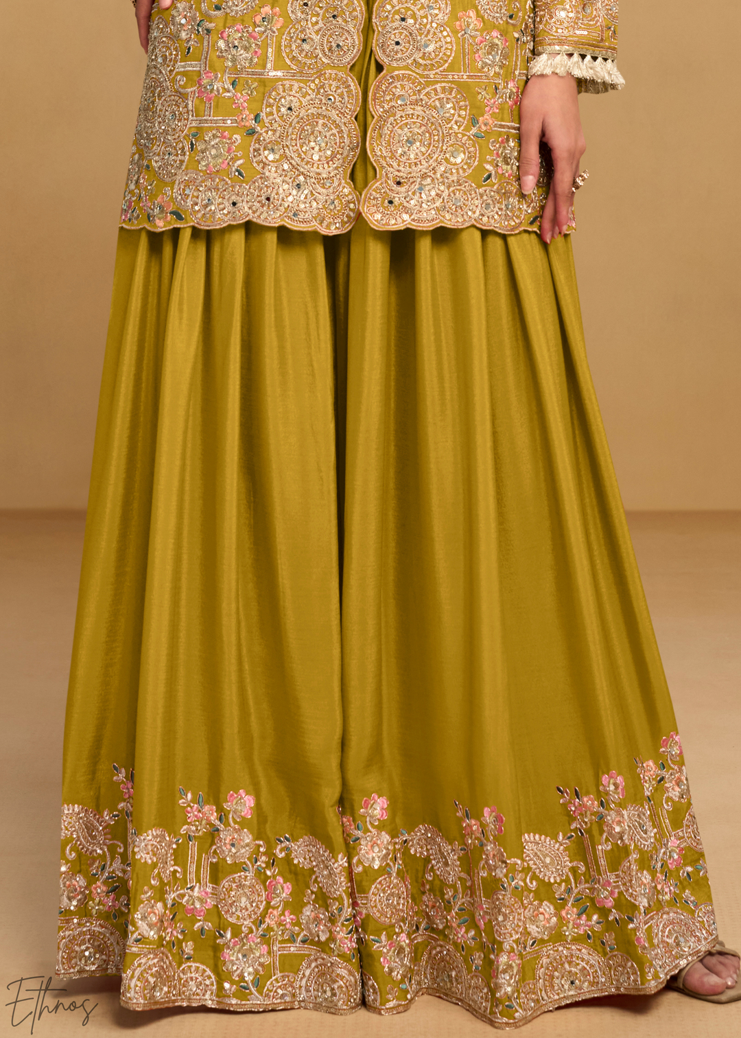 Mustard Foliage Filigree Chinon Sharara Suit