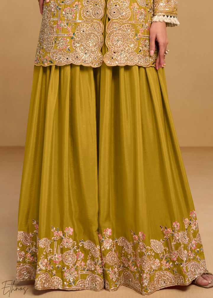 Mustard Foliage Filigree Chinon Sharara Suit