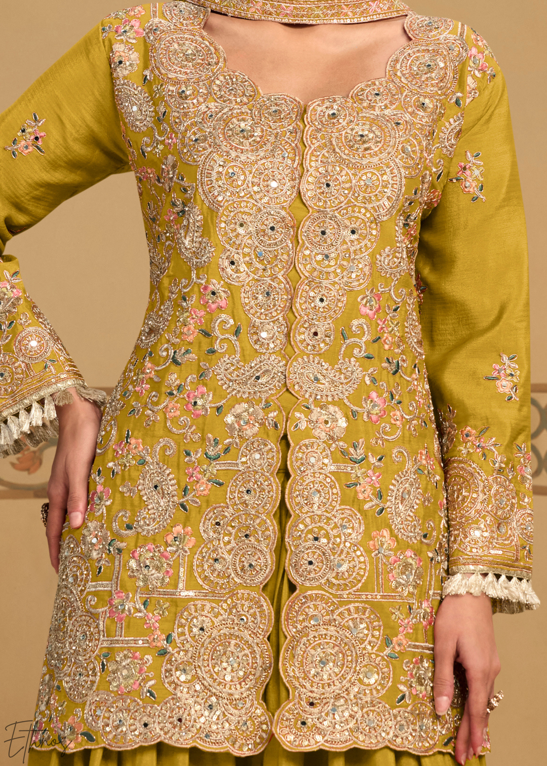 Mustard Foliage Filigree Chinon Sharara Suit
