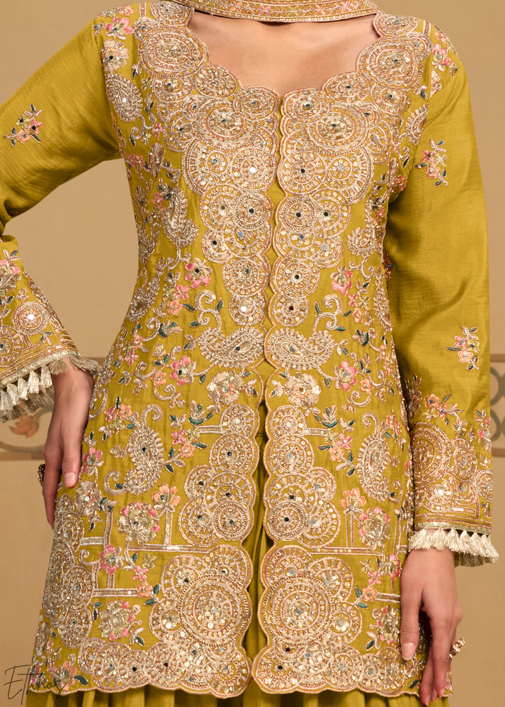 Mustard Foliage Filigree Chinon Sharara Suit
