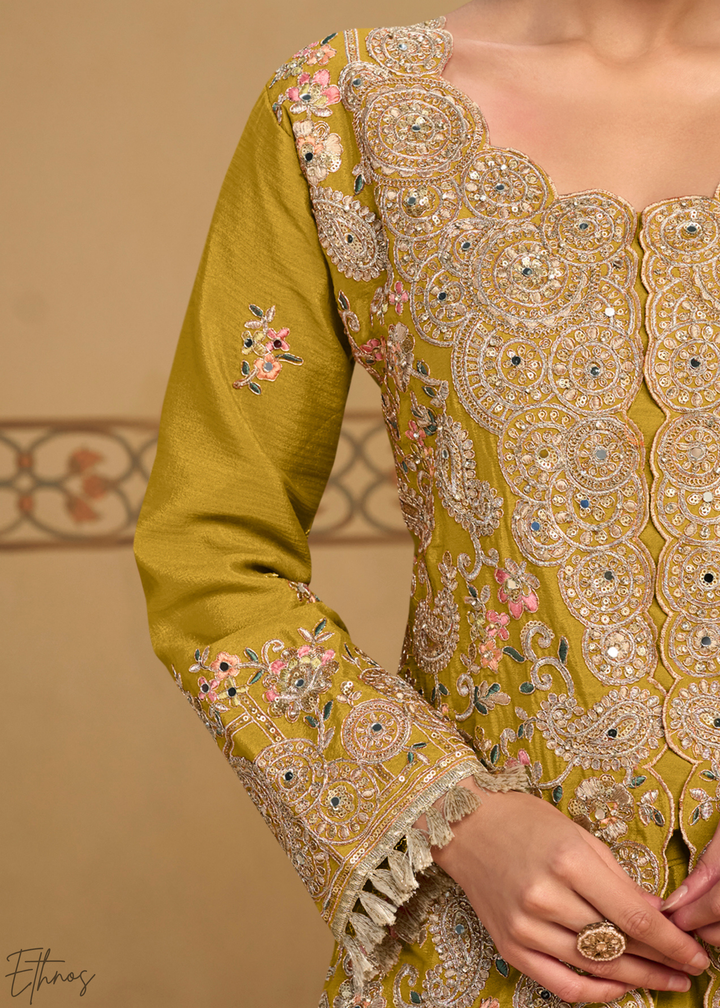 Mustard Foliage Filigree Chinon Sharara Suit