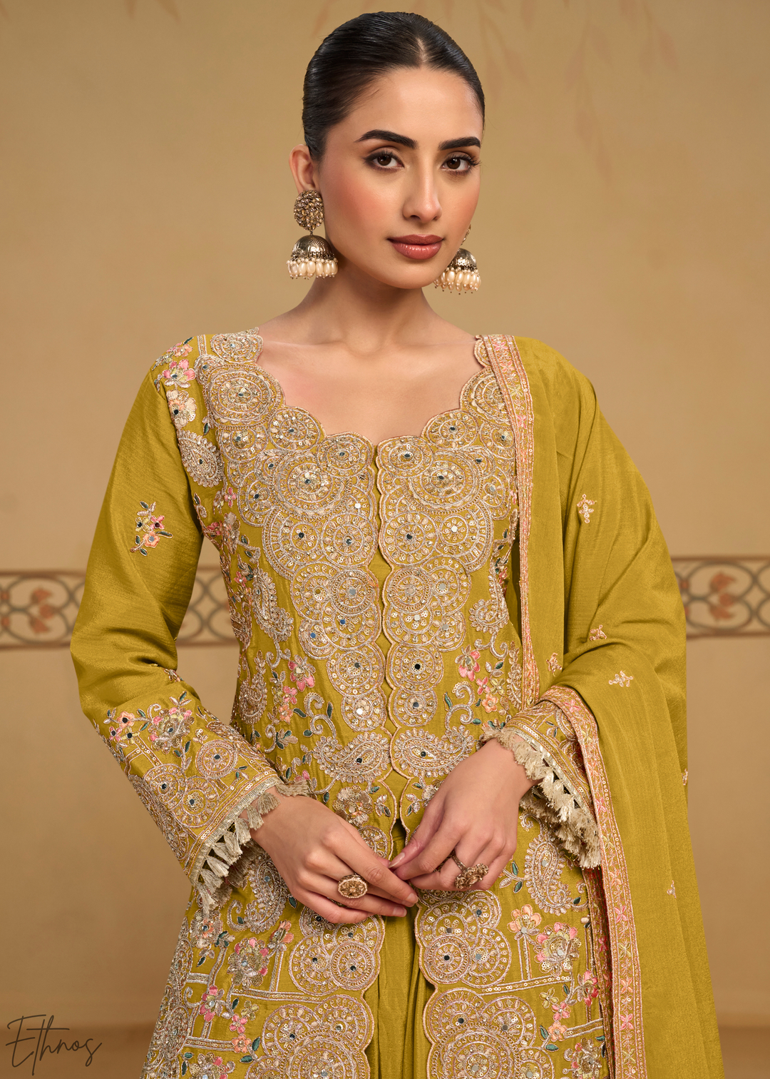 Mustard Foliage Filigree Chinon Sharara Suit
