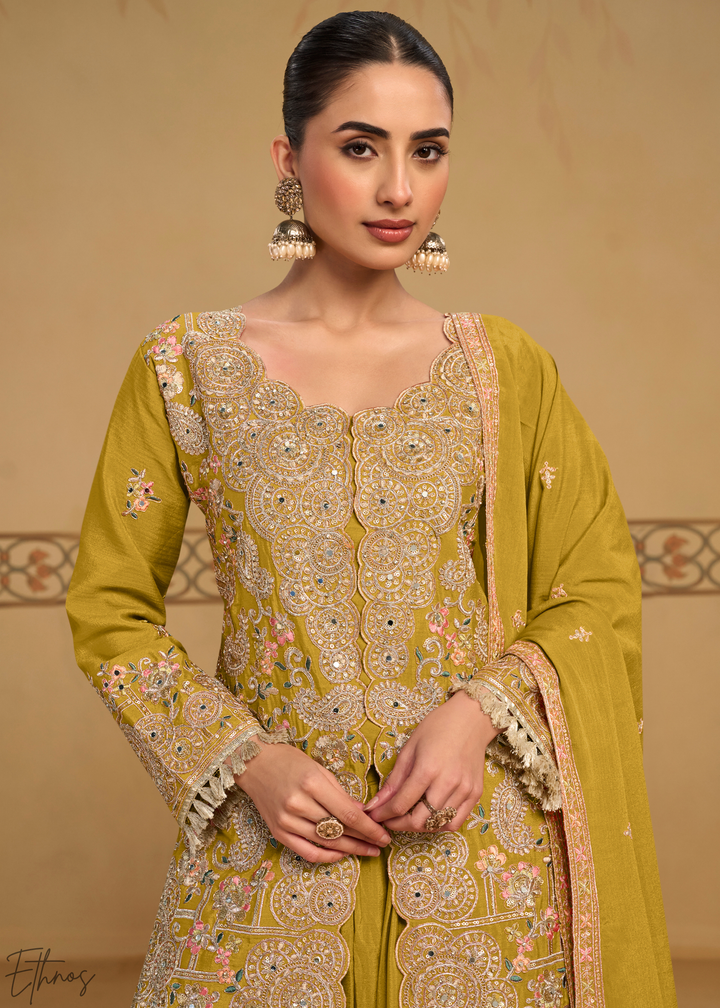 Mustard Foliage Filigree Chinon Sharara Suit