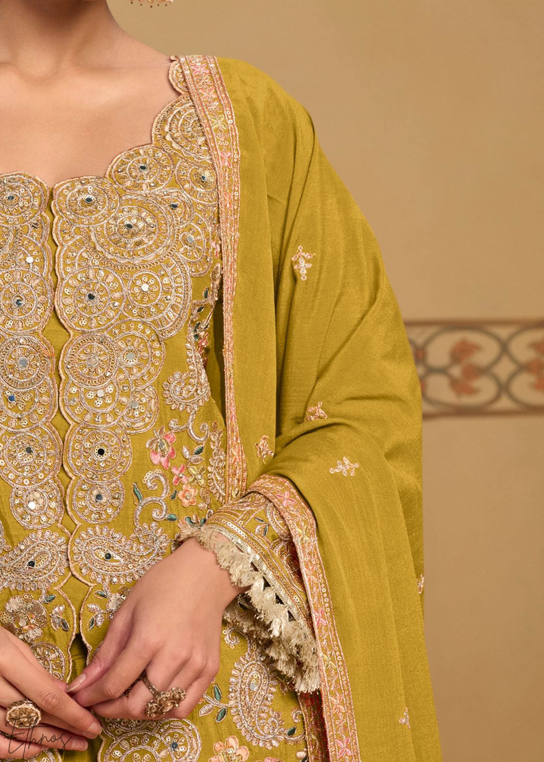 Mustard Foliage Filigree Chinon Sharara Suit