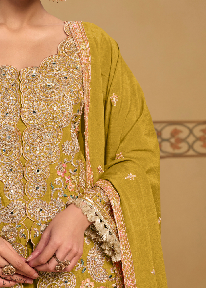 Mustard Foliage Filigree Chinon Sharara Suit