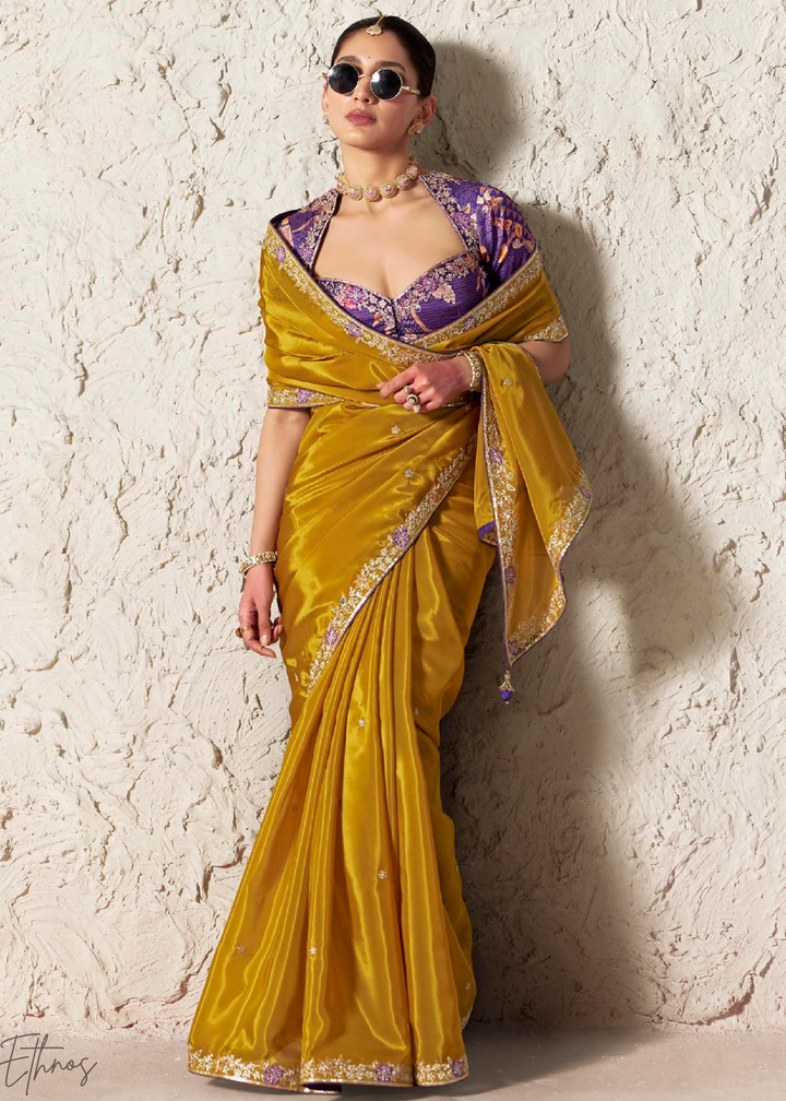 Mustard Gold Embroidered Glass Tissue Designer Saree
