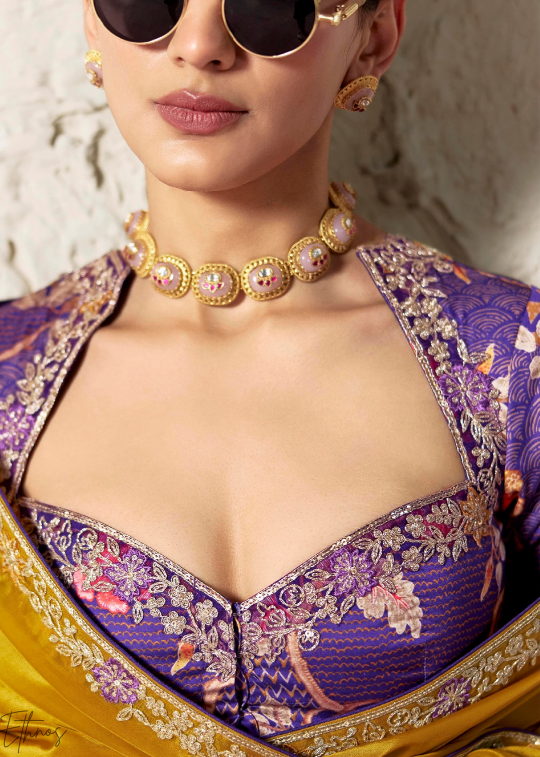Mustard Gold Embroidered Glass Tissue Designer Saree
