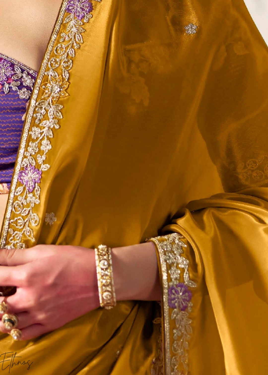 Mustard Gold Embroidered Glass Tissue Designer Saree