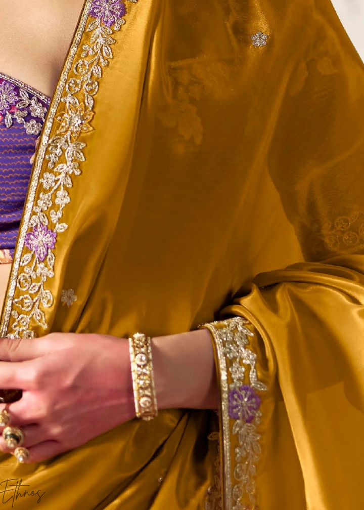 Mustard Gold Embroidered Glass Tissue Designer Saree