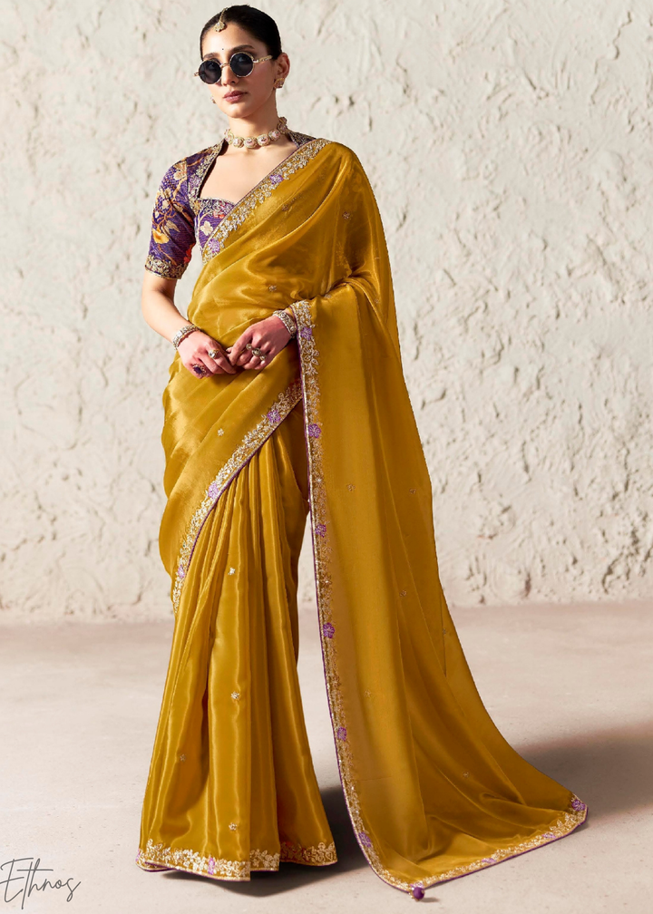 Mustard Gold Embroidered Glass Tissue Designer Saree