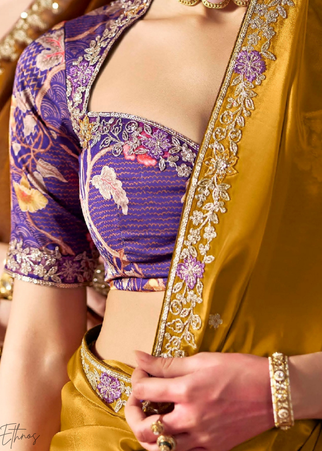 Mustard Gold Embroidered Glass Tissue Designer Saree