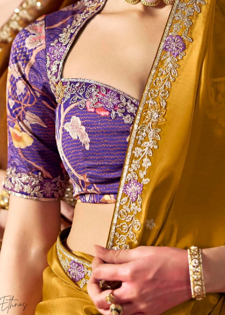 Mustard Gold Embroidered Glass Tissue Designer Saree