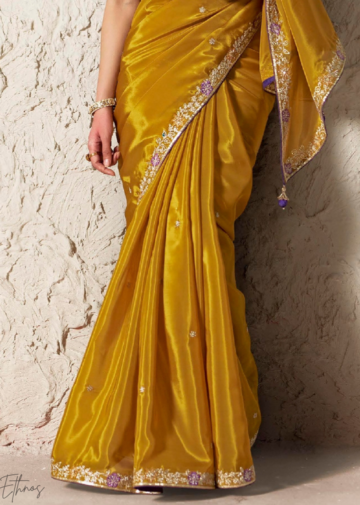 Mustard Gold Embroidered Glass Tissue Designer Saree