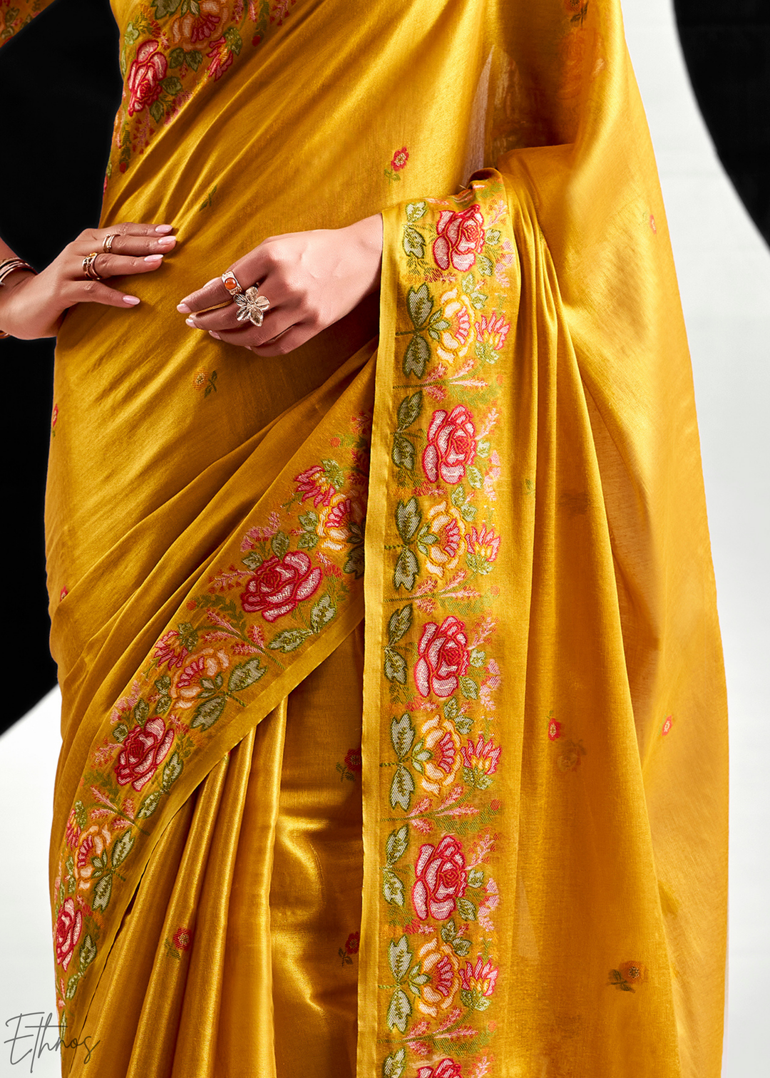 Mustard Gold Rose Border Saffron Tissue Saree