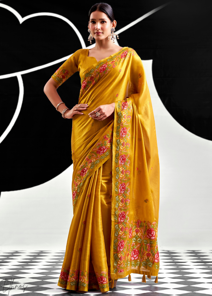 Mustard Gold Rose Border Saffron Tissue Saree