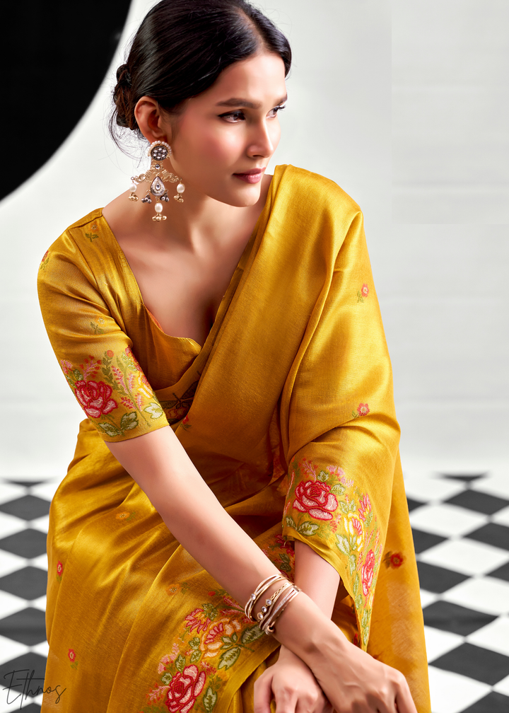 Mustard Gold Rose Border Saffron Tissue Saree