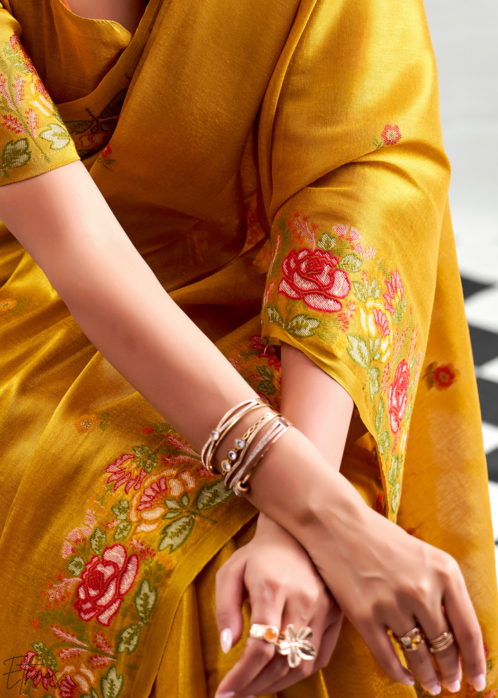 Mustard Gold Rose Border Saffron Tissue Saree
