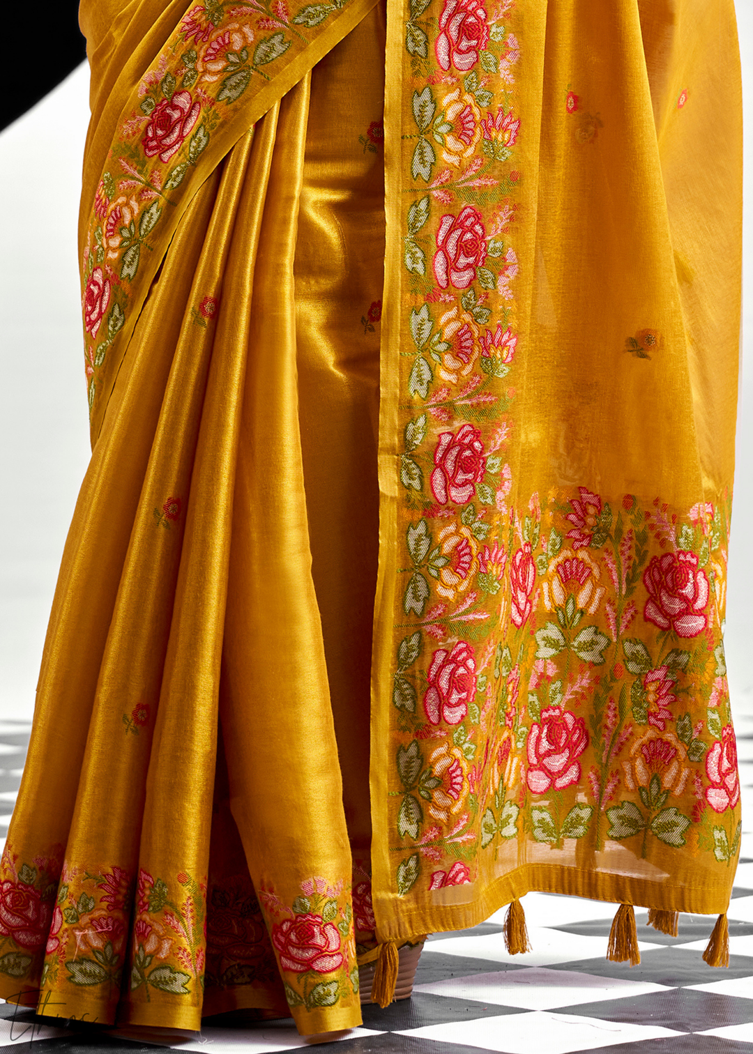 Mustard Gold Rose Border Saffron Tissue Saree