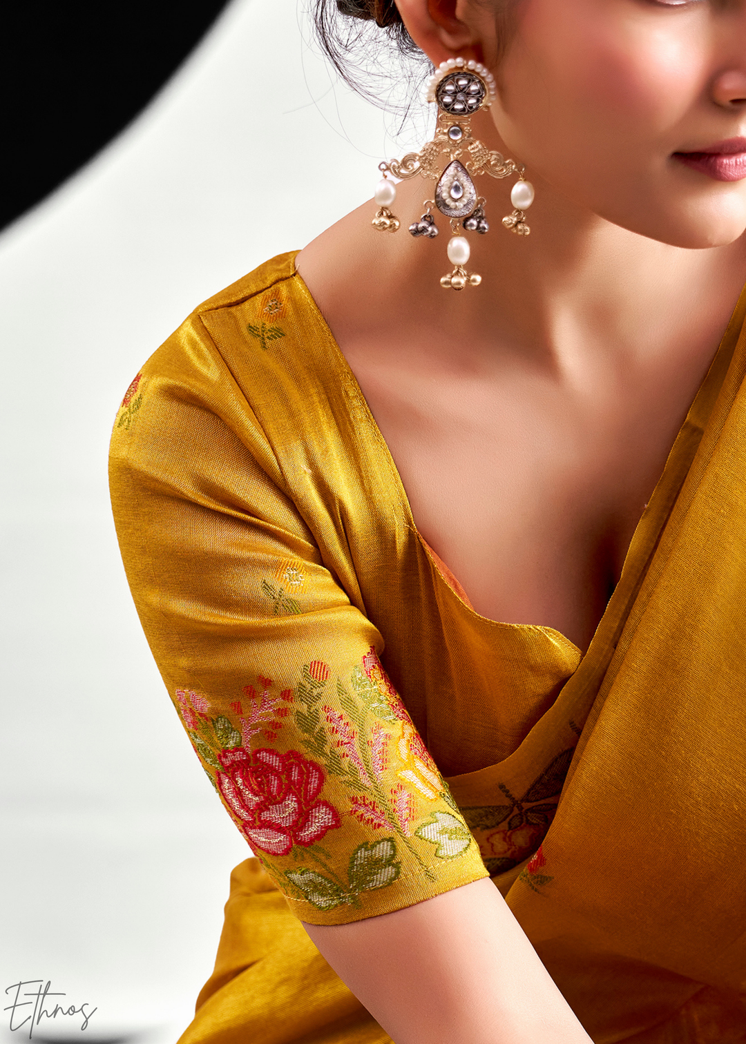 Mustard Gold Rose Border Saffron Tissue Saree
