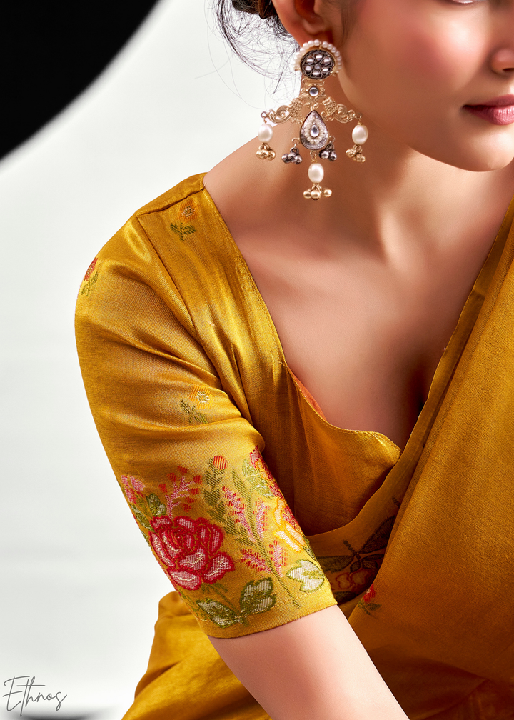 Mustard Gold Rose Border Saffron Tissue Saree
