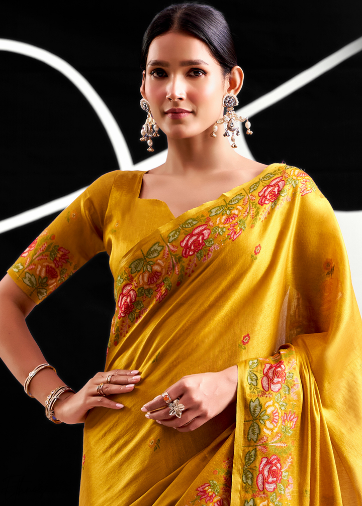 Mustard Gold Rose Border Saffron Tissue Saree