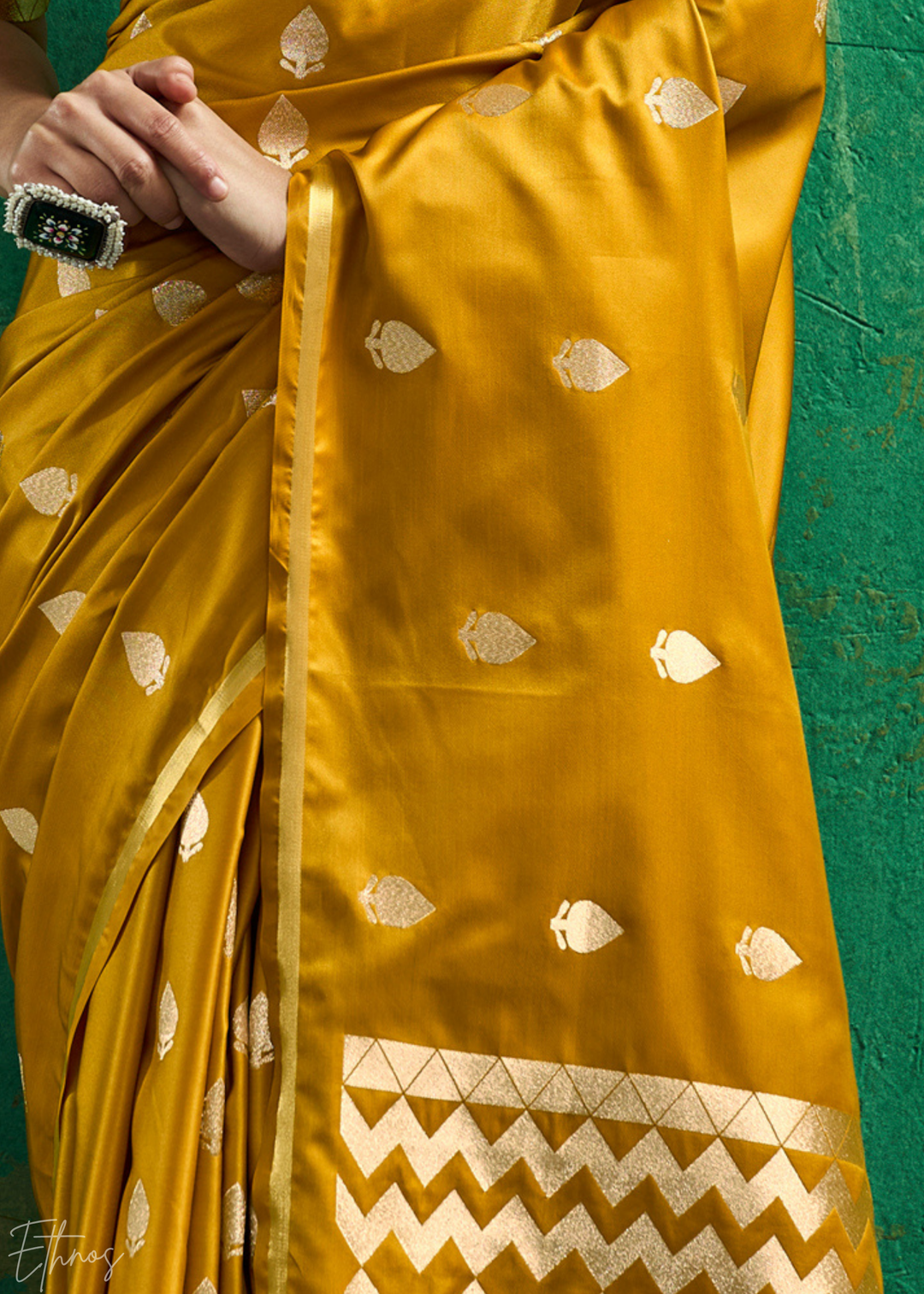 Mustard Gold Leheriya Chevron Satin Saree