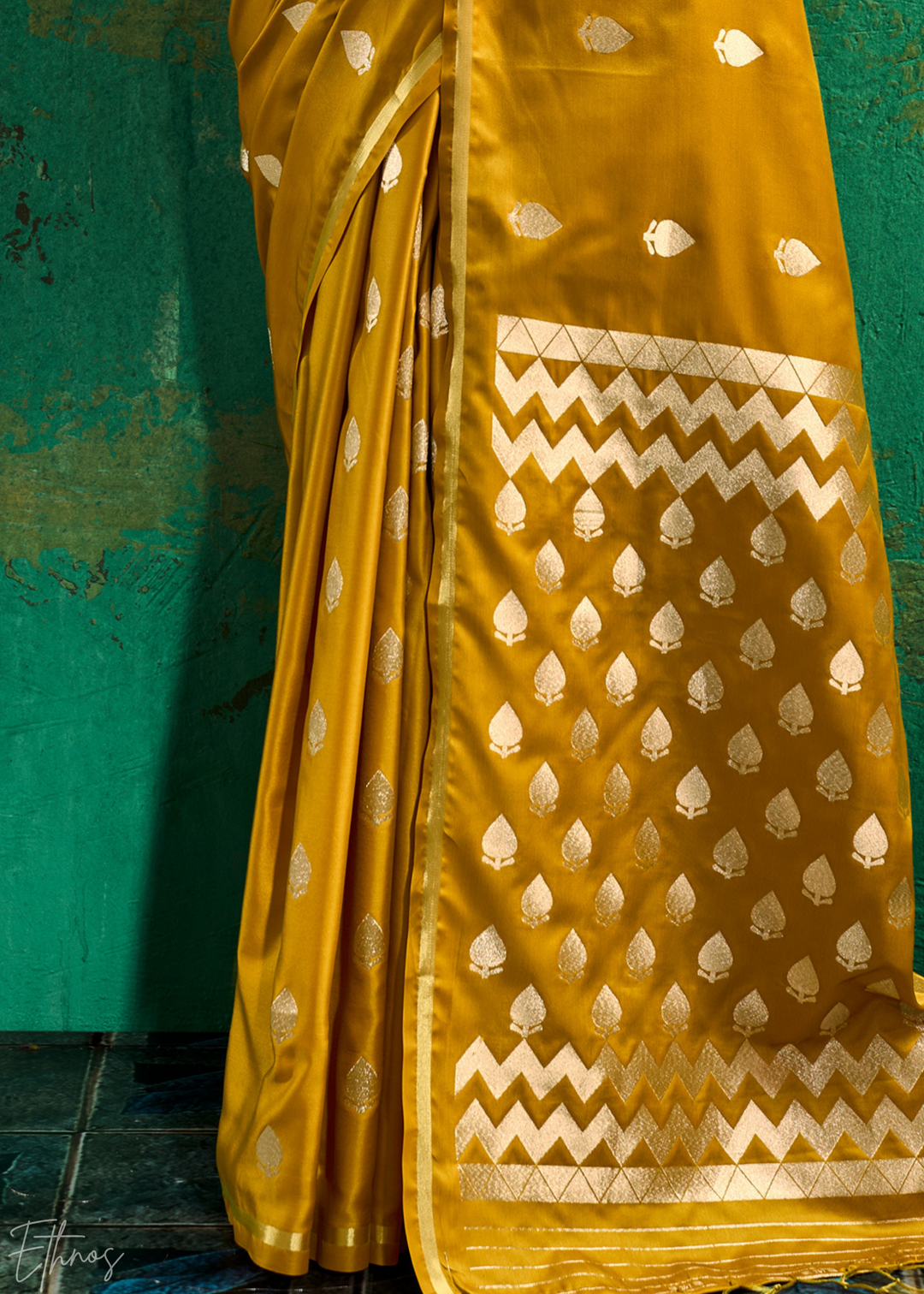 Mustard Gold Leheriya Chevron Satin Saree