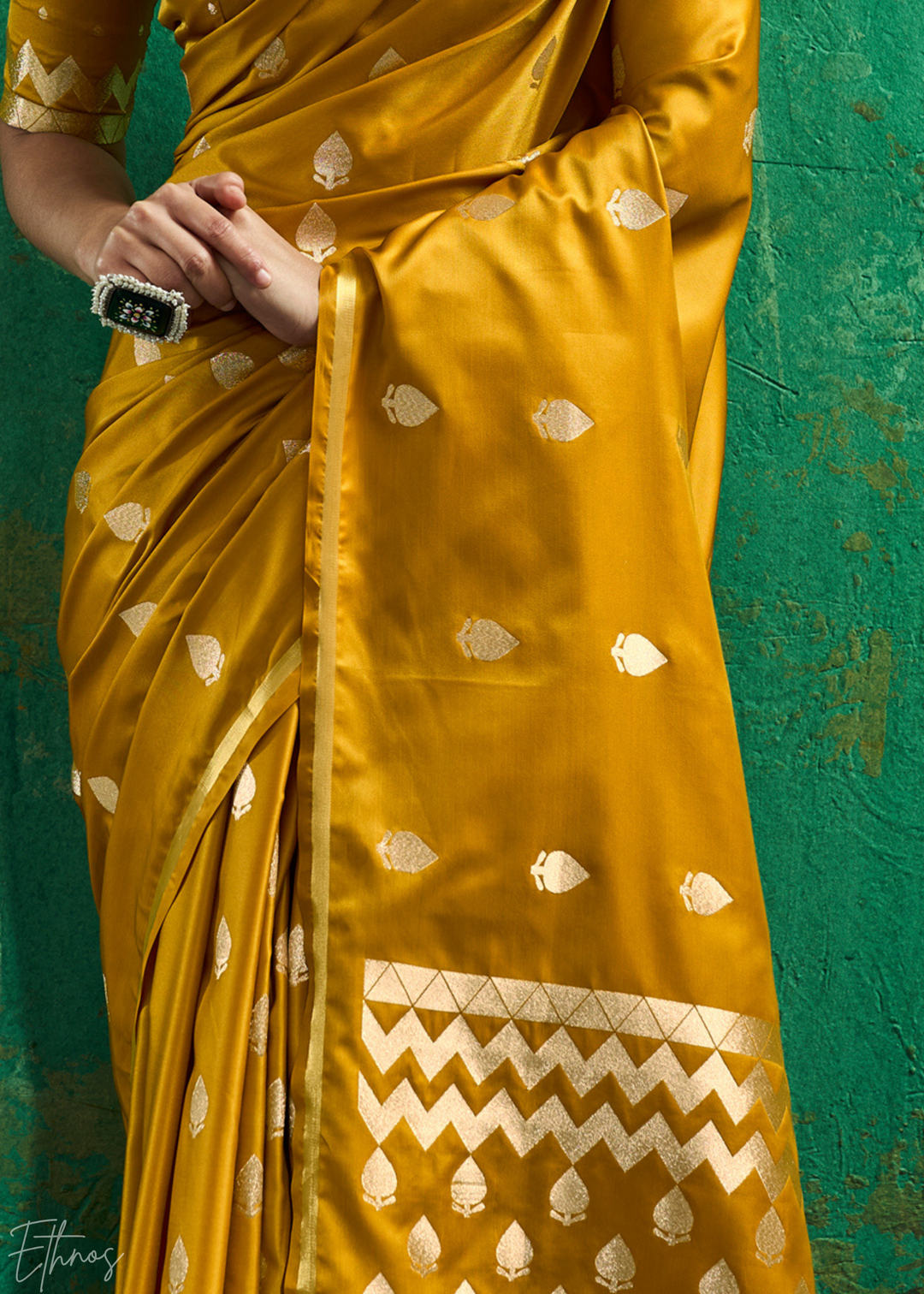Mustard Gold Leheriya Chevron Satin Saree