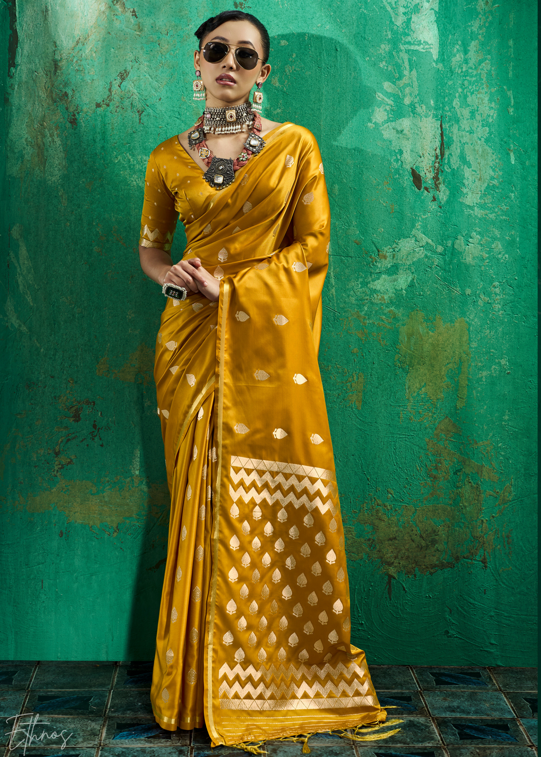Mustard Gold Leheriya Chevron Satin Saree