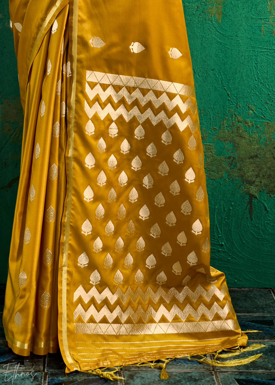 Mustard Gold Leheriya Chevron Satin Saree