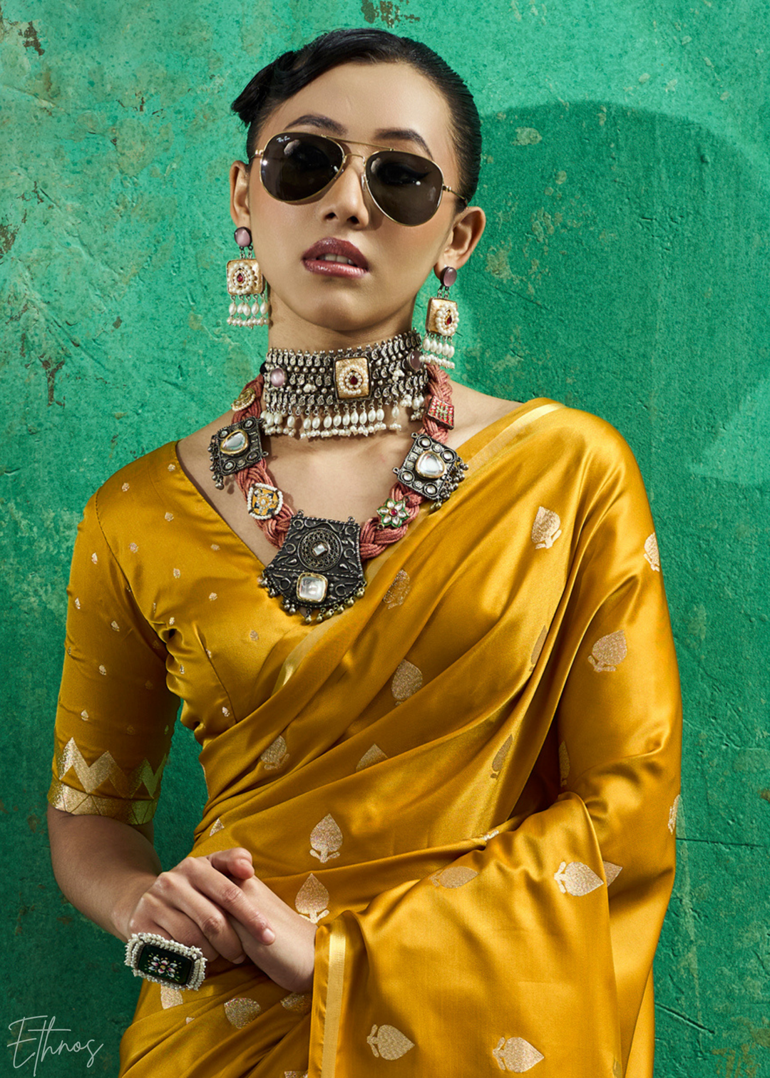 Mustard Gold Leheriya Chevron Satin Saree
