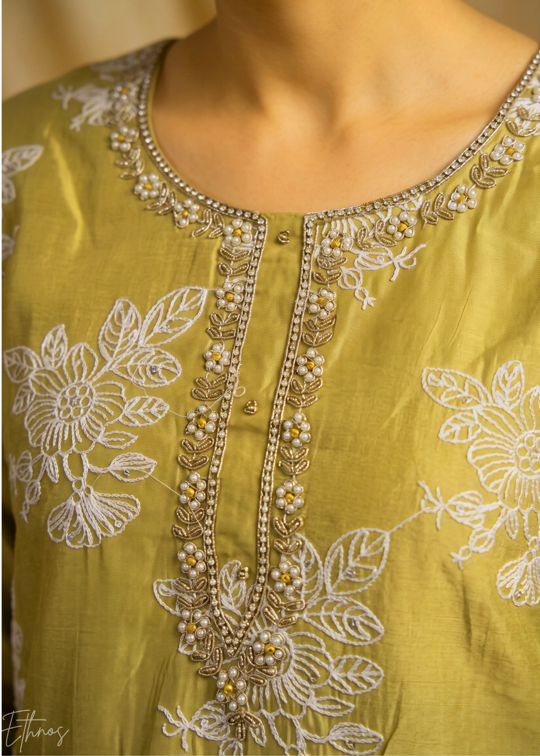 Mustard Gold Meadow Vines Cotton Silk Pant Suit