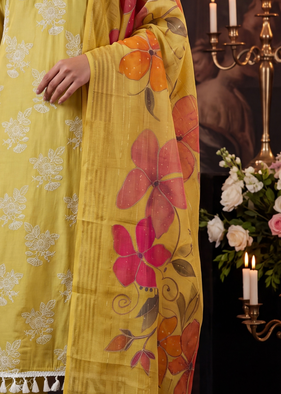Mustard Gold Meadow Vines Cotton Silk Pant Suit