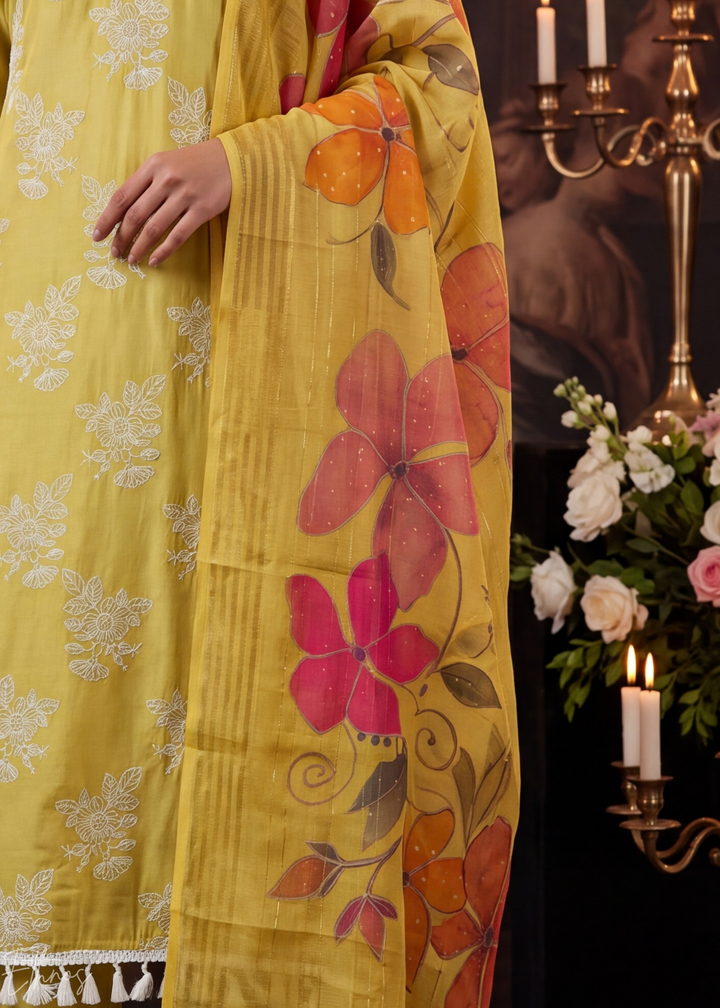 Mustard Gold Meadow Vines Cotton Silk Pant Suit