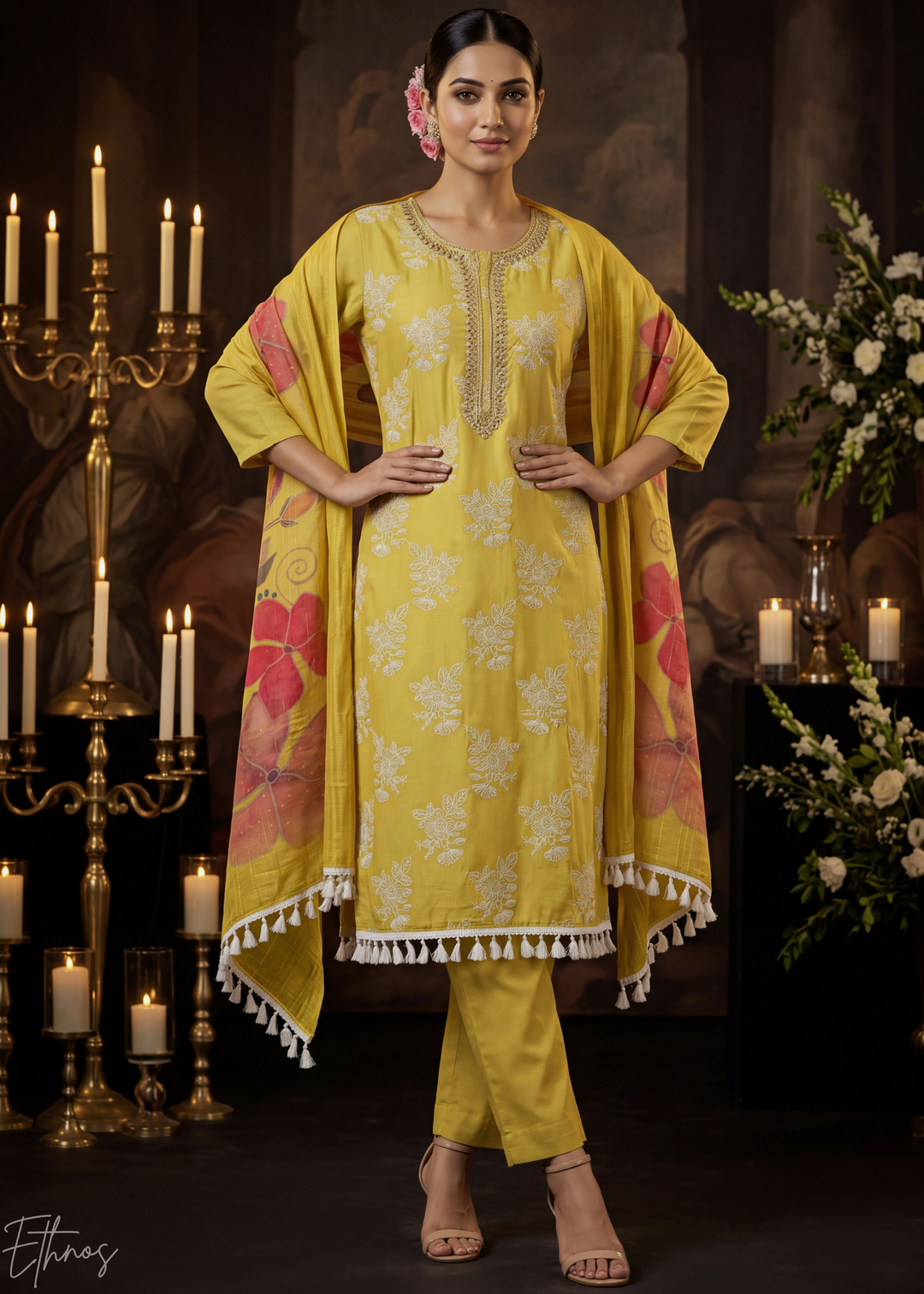 Mustard Gold Meadow Vines Cotton Silk Pant Suit