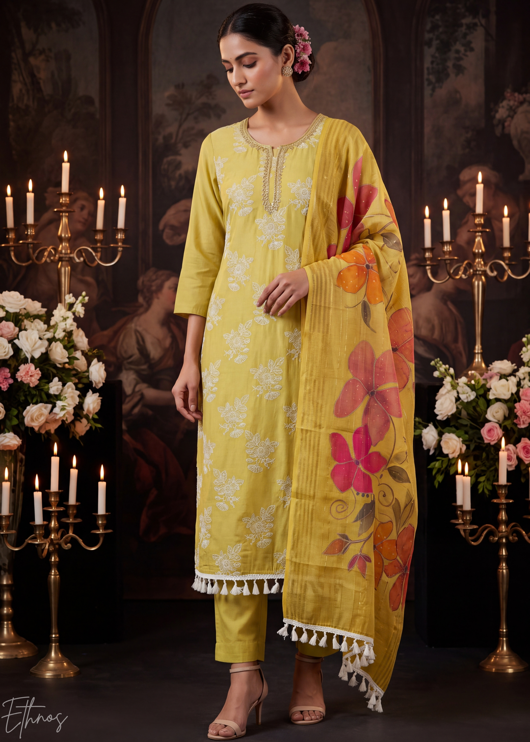 Mustard Gold Meadow Vines Cotton Silk Pant Suit