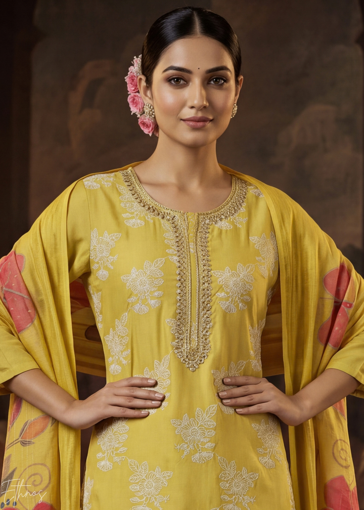 Mustard Gold Meadow Vines Cotton Silk Pant Suit