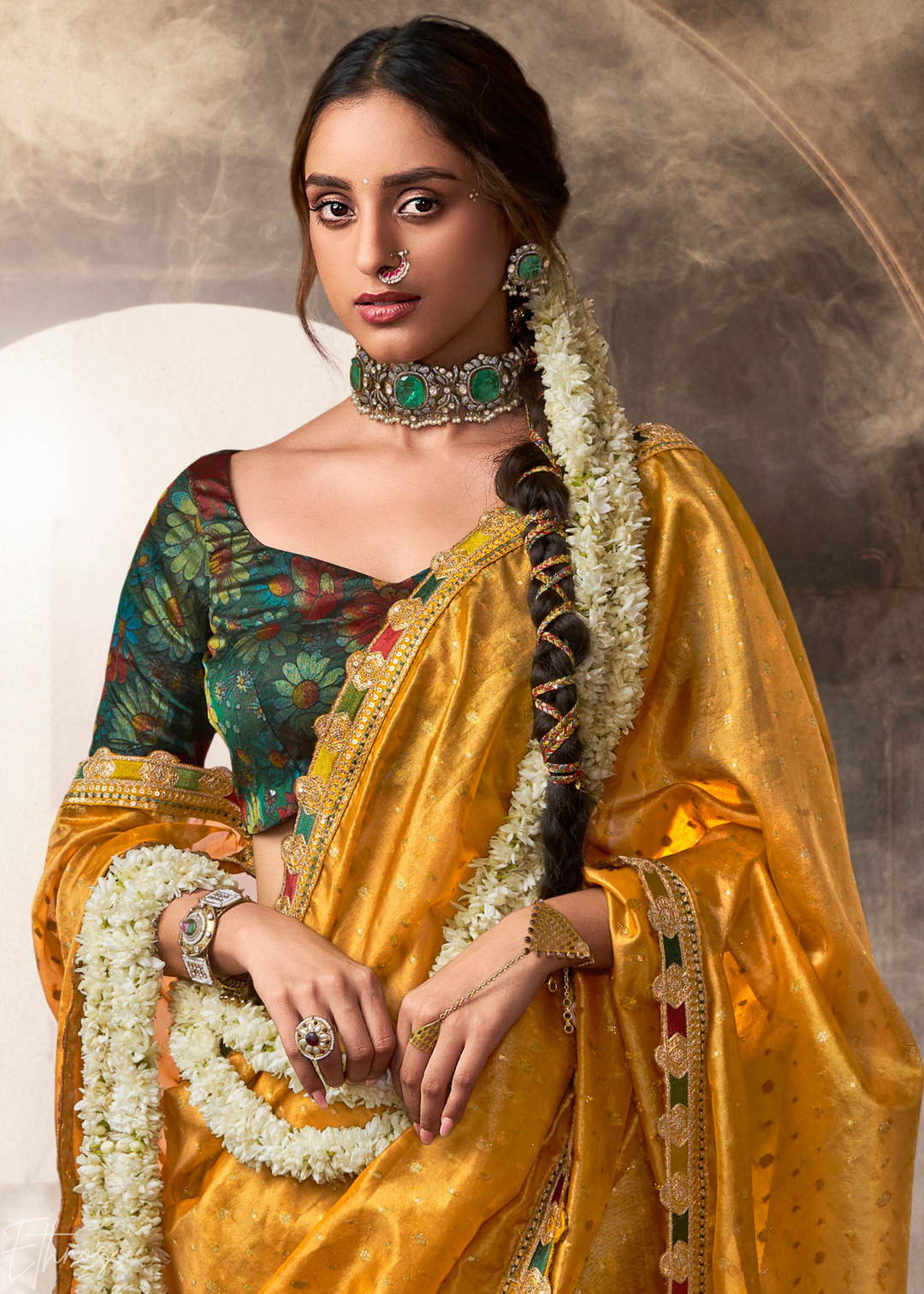 Mustard Gold Pom-Pom Border Tissue Silk Saree
