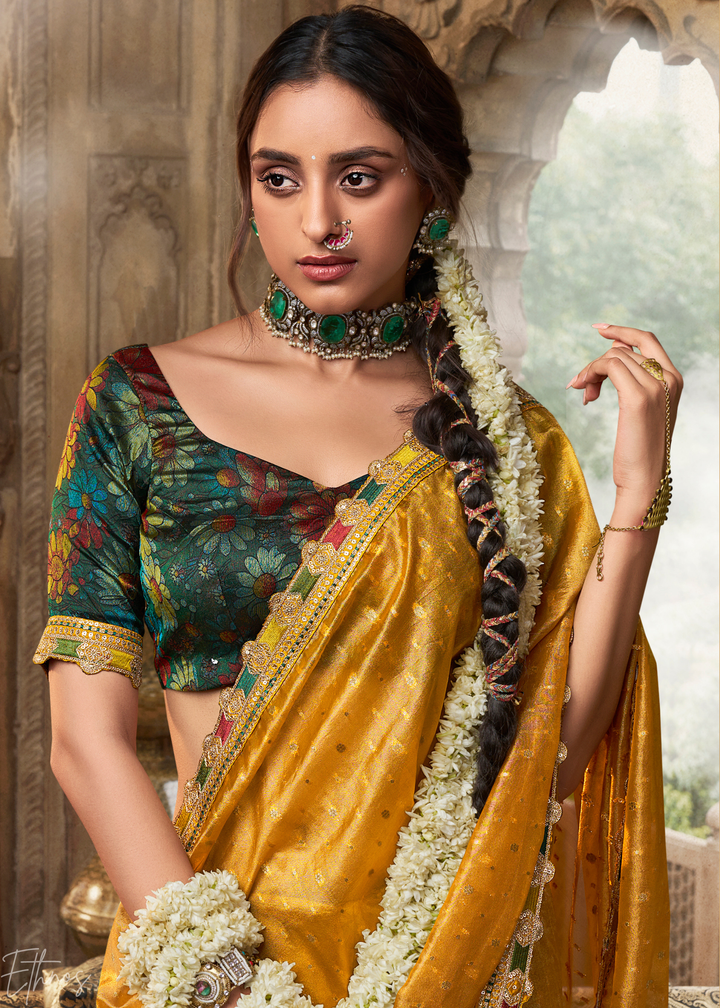 Mustard Gold Pom-Pom Border Tissue Silk Saree