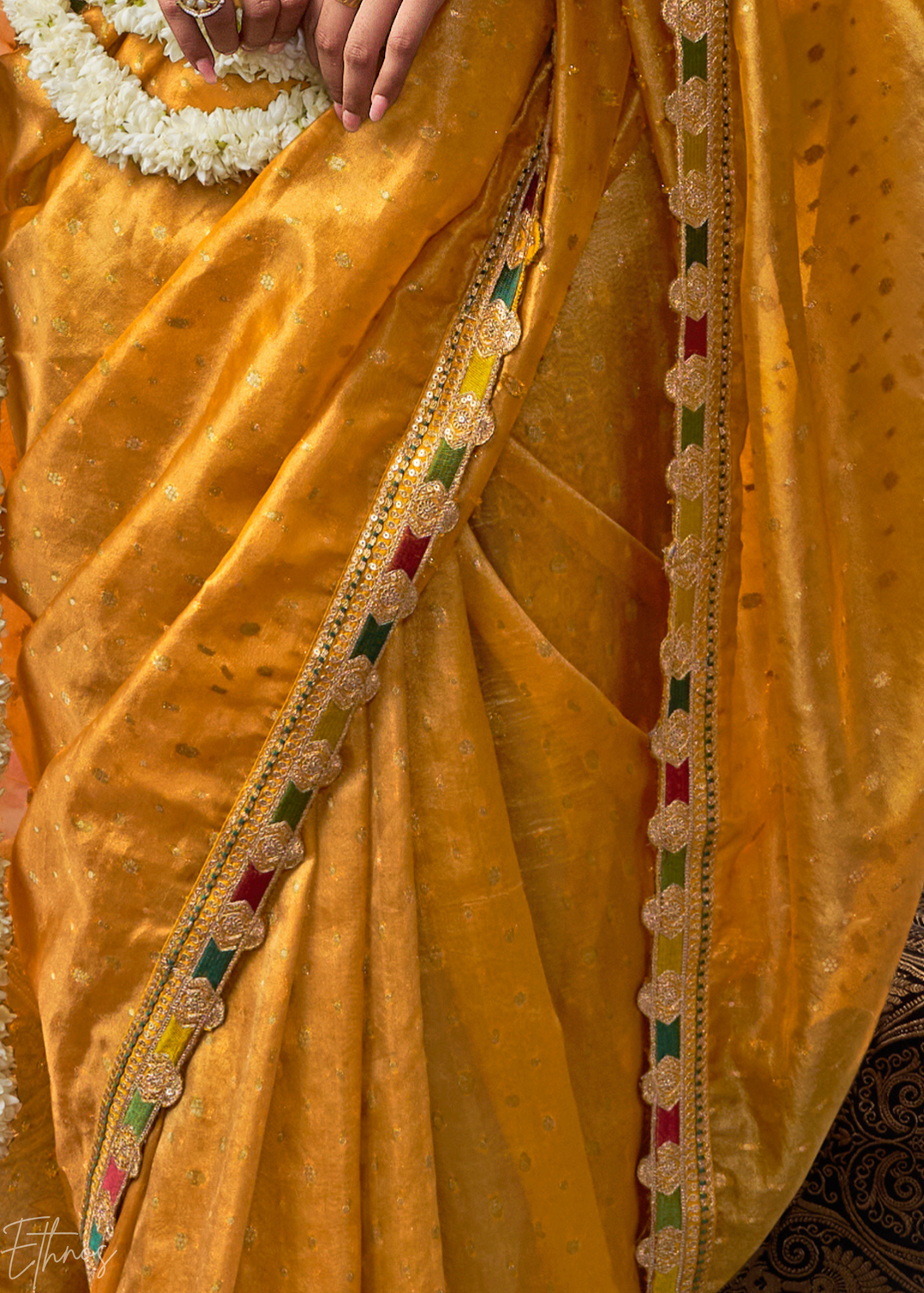 Mustard Gold Pom-Pom Border Tissue Silk Saree